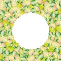 Watercolor green and yellow Hydrangea circle design with place for text. May be used for textile decoration print