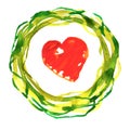 Watercolor green yellow twisted intertwined circle round wreath red heart isolated art