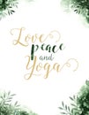 Watercolor greenery color backgraund poster yoga and love. green and gold paper texture with floral. Watercolor paper