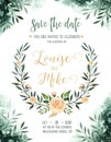 Watercolor greenery color wedding invitation card with green and gold elements. paper texture with floral and leaves