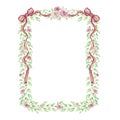 Watercolor Greenery Floral Frame with flowers, bows and ribbons Royalty Free Stock Photo