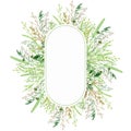 Watercolor greenery frame, Floral grass wreath. Hand drawn wild meadow herbs floral Botanical illustration isolated on