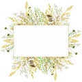 Watercolor greenery frame, Floral grass wreath. Hand drawn wild meadow herbs floral Botanical illustration isolated on