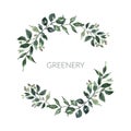 Watercolor greenery frame illustration. Green foliage, leaves circle wreath Royalty Free Stock Photo