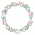 Watercolor greenery and red berries wreath. Christmas clipart.