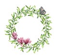 Watercolor greenery wreath with magnolia and butterfly. Hand painted floral border isolated on white background