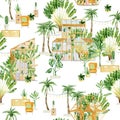 Watercolor greenhouse on tropical landscape witn palm tree, banana leaf, cactus, wood house. Summer garden pattern