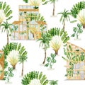 Watercolor seamless pattern greenhouse on tropical landscape witn palm tree, banana leaf, cactus, wood house. Summer garden