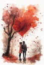 Watercolor Greeting Card with Hugging Couple in Love and Red Hearts. Valentine Day Postcard. AI Generated Royalty Free Stock Photo