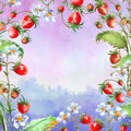 Watercolor greeting card, invitation with a plant strawberry. Blossoming bush with a red berry and flower.