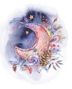 Watercolor greeting card with moon and roses