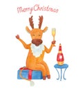 Watercolor greeting card or poster with a cute cheerful deer drinking champagne. Royalty Free Stock Photo