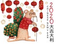 Watercolor greeting card with rat grandfather for Chinese New Year celebration.