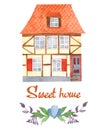 Watercolor greeting card sweet home. Half-timbered house, flowers, branches. Royalty Free Stock Photo