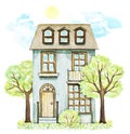 Watercolor grey cartoon cute two-story cottage surrounded landscape