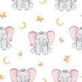 Watercolor grey elephant and stars seamless pattern on white background Royalty Free Stock Photo