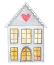 Watercolor grey house with heart and yellow windows on white background