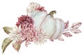 Watercolor grey pumpkin decorated with fall flowers, autumn leaves. Beautiful floral pumpkin arrangement.