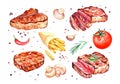 Watercolor grilled beef steaks with mushrooms, pepper, tomato, fries. Hand drawn illustration isolated on white. Royalty Free Stock Photo