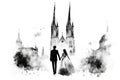 Watercolor Groom and Bride in Front of Catholic Church in Black and White