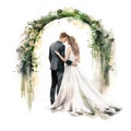 Watercolor Groom and Bride Under Archway Painting Royalty Free Stock Photo