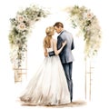 Watercolor Groom and Bride Under Archway Painting Royalty Free Stock Photo