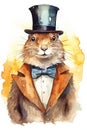 Watercolor Groundhog Illustration on White Background with Sun .