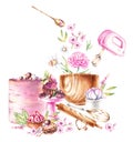 Watercolor group of desserts, bakery tools, flowers on a white background