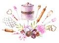 Watercolor group of desserts, bakery tools, flowers on a white background