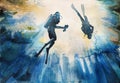 Watercolor group of divers in the depth of ocean. Original illustration of two divers in different poses, on dramatic underwater