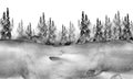 Watercolor group of trees - fir, pine, cedar, fir-tree. black and white forest, countryside landscape.Slope, hill, forest landscap