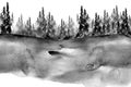 Watercolor group of trees - fir, pine, cedar, fir-tree. black and white forest, countryside landscape.Slope, hill, forest landscap