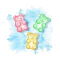 Watercolor  gummy bears on blue stain background Royalty Free Stock Photo