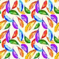 Watercolor had drawn seamless colorful red orange blue green bright boho feather bird wing patter