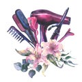 Watercolor Hairdressing illustration. Barber shop set. watercolor composition with hair dryer, hair iron, hair curling