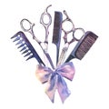 Watercolor Hairdressing illustration. Barber shop set with scissors, brush and bow isolated on white background. Hand