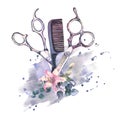 Watercolor Hairdressing illustration. Barber shop set with scissors, brush and flowers on grey watercolor splash and on