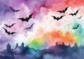 Watercolor Halloween background with bats and colorful haze. Autumn illustration. Copy space. Generative AI