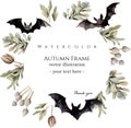 Watercolor halloween bat and floral wreath template vector design Royalty Free Stock Photo