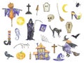 Watercolor halloween big set of witch, scarecrow, reaper, haunted house and other elements Royalty Free Stock Photo