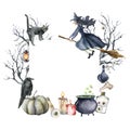 Watercolor halloween card with witch and crow. Hand painted holiday template with pumpkins, tree, cat, lantern and