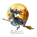 Watercolor halloween card with witch. Hand painted holiday template with cat and moon isolated on white background