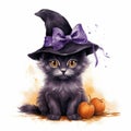 Watercolor Halloween cat in violet hat and bow with pumpkins and fall foliage Royalty Free Stock Photo