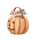 Watercolor halloween cute bucket pumpkin with mushrooms