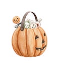 Watercolor halloween cute bucket pumpkin with sweet candies