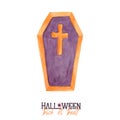 Watercolor Halloween dracula coffin. icon with a coffin with a cross isolated on white background. Trick or treat Royalty Free Stock Photo