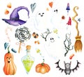 Watercolor Halloween elements:, pumpkins, bottle of poison, broom, bat, stars, witch hat, ghosts on white background.