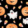 Watercolor halloween ghosts and orange pumpkins seamless pattern on black background Royalty Free Stock Photo