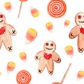 Watercolor halloween gingerbread man and candy corns seamless pattern on white background Royalty Free Stock Photo