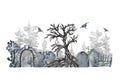 Watercolor Halloween. Hand painted graveyard with tombstone, bats and moon isolated on white . Holiday print for design Royalty Free Stock Photo